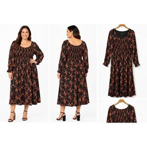 DR2 Floral Smocked Midi Dress Black Orange Size Large